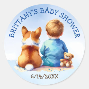 Sticker Rond Baby Boy et son Baby shower Corgi Puppy