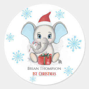 Sticker Rond Baby Boy First Christmas Jote Elephant Holidays