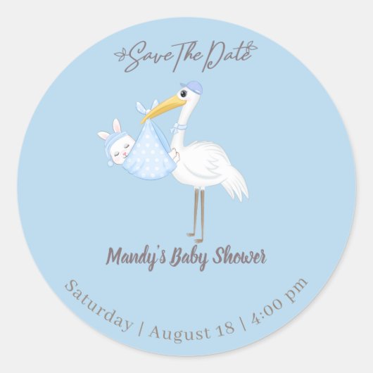 Sticker Rond Baby Boy Stork Rabbit Enregistrer la date (Devant)