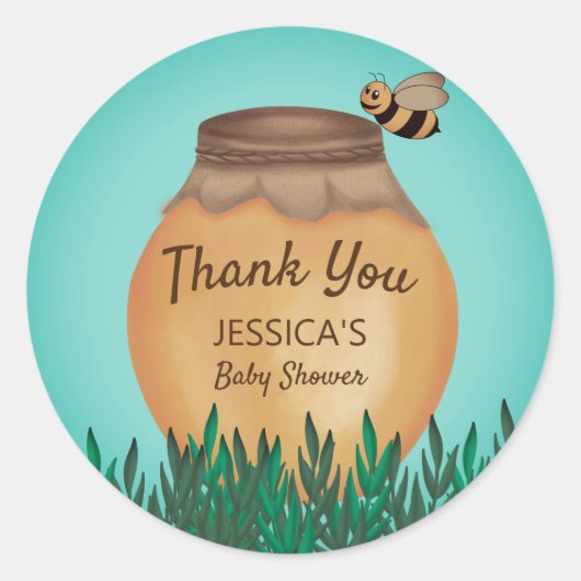 Sticker Rond Baby Bumblebee Jaune Baby shower Turquoise Merci (Devant)