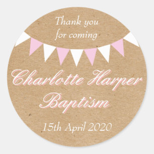 Sticker Rond Baby Bunting Pink Baptême Christening Favoriser