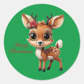 Sticker Rond Baby Deer, Fawn, Doe, Reindeer 🦌 🎄 Noël Vert (Devant)