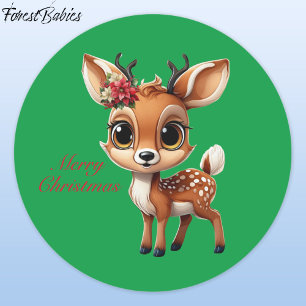 Sticker Rond Baby Deer, Fawn, Doe, Reindeer 🦌 🎄 Noël Vert