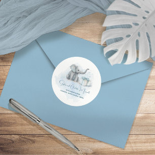 Sticker Rond Baby Elephant Blue Baby shower Adresse de retour