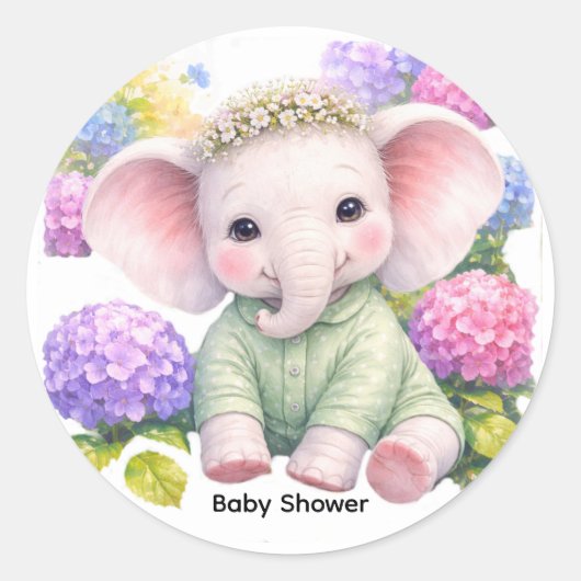 Sticker Rond Baby Elephant with Hydrangeas Baby Shower  (Devant)