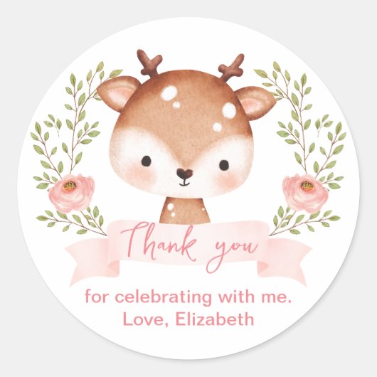 Sticker Rond Baby Fawn fête d'anniversaire I Baby shower Merci (Devant)