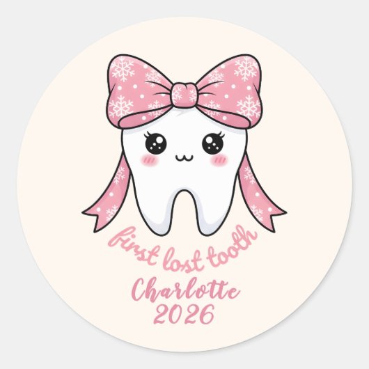 Sticker Rond Baby First Tooth Pink Bow Milestone Kawaii Tooth (Devant)