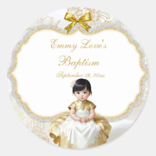 Sticker Rond Baby Girl Baptism Christening Blanc & Or