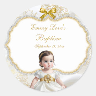 Sticker Rond Baby Girl Baptism Christening Blanc & Or