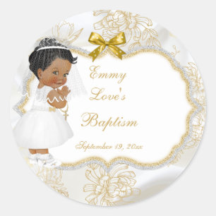 Sticker Rond Baby Girl Communion Baptism Gold Cross Ethnique