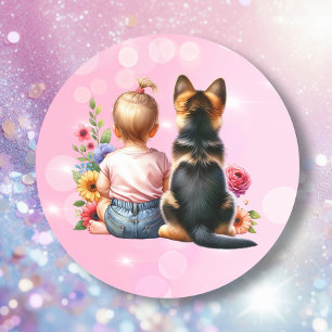 Sticker Rond Baby Girl et son chiot   Baby shower