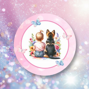Sticker Rond Baby Girl et son chiot Baby shower