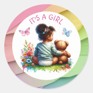 Sticker Rond Baby Girl et son ours en peluche   C'est une fille