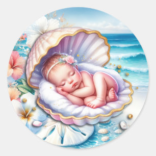 Sticker Rond Baby Girl in a Seashell Baby shower