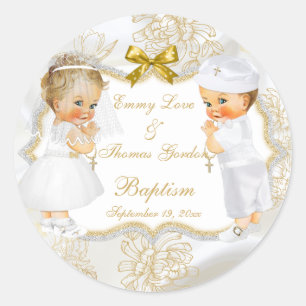 Sticker Rond Baby Girl Jumeaux Communion Baptême Gold Cross
