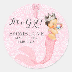 Sticker Rond Baby Girl Mermaid Princess Crown Faire-part