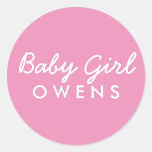 Sticker Rond Baby Girl Nom Baby shower Sticker-Rose Blanc