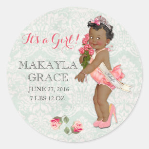 Sticker Rond Baby Girl Princess African AmericanECustomize Name