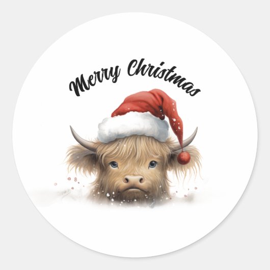 Sticker Rond Baby Highland Cow Santa Hat (Devant)