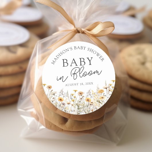 Sticker Rond Baby In Bloom Boho Wildflower Baby Shower