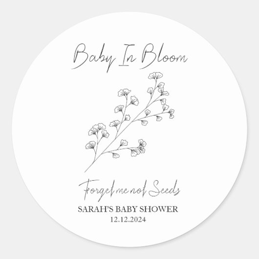 Sticker Rond Baby In Bloom l Oubliez-moi pas Baby shower de sem (Devant)