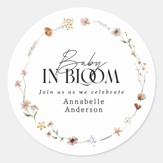 Sticker Rond Baby in bloom wildflower baby shower invitation (Devant)