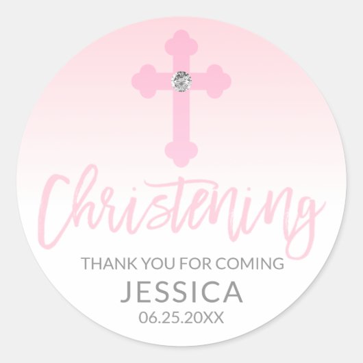 Sticker Rond Baby moderne Croix rose Christening fille Merci (Devant)