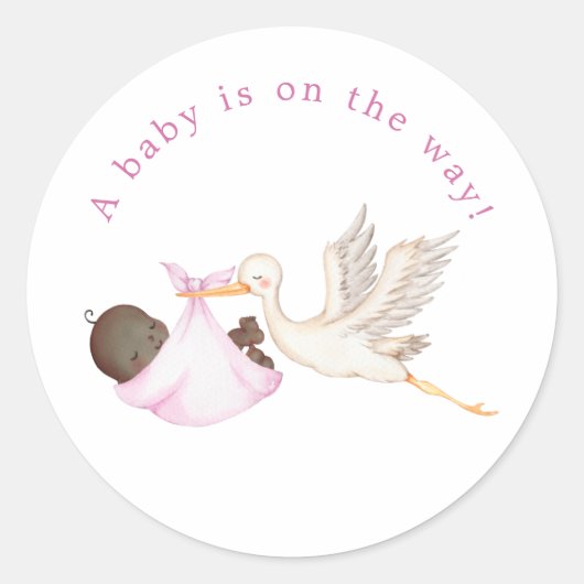 Sticker rond Baby shower à cigogne rose (Devant)
