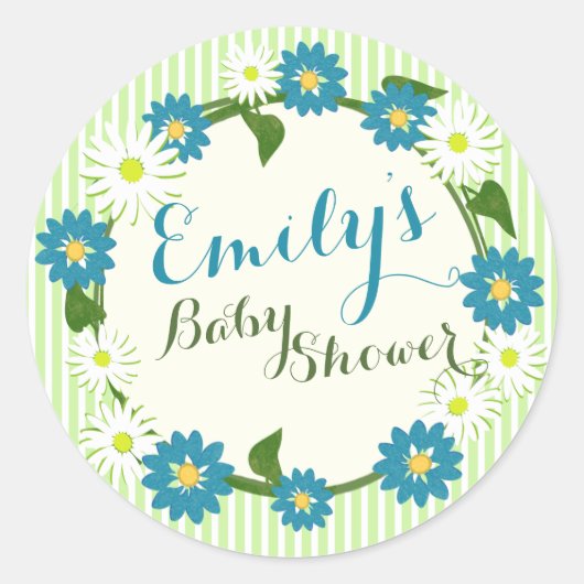 Sticker Rond Baby shower à fleurs bleu (Devant)