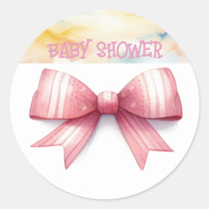 Sticker Rond Baby Shower à l'aquarelle avec un ruban rose