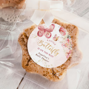 Sticker Rond Baby shower à papillon rose boho