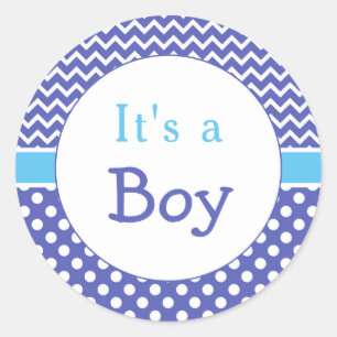 Sticker Rond Baby shower à points bleu Chevron & Polkas