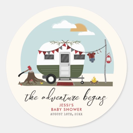 Sticker Rond Baby shower Adventure Green Camper Lumberjack (Devant)