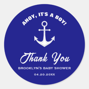 Sticker Rond Baby shower Ahoy C'Est Un Garçon Ancre Marine Bleu