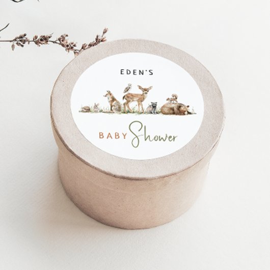 Sticker Rond Baby shower Animaux Bois Avec Nom Favoriser