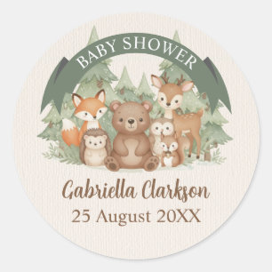Sticker Rond Baby-Shower Animaux de la Forêt à l'Aquarelle