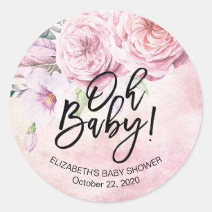 Sticker Rond Baby shower Aquarelle Bohème Fleurs & Plumes