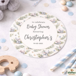 Sticker Rond Baby-Shower aquarelle éléphant garçon – Safari ble