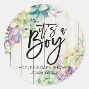 Sticker Rond Baby shower Aquarelle Succulent Plantes Bois blanc