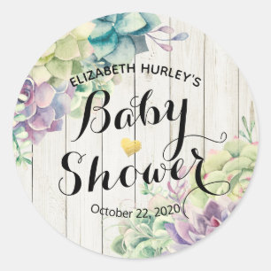 Sticker Rond Baby shower Aquarelle Succulent Plantes Bois blanc