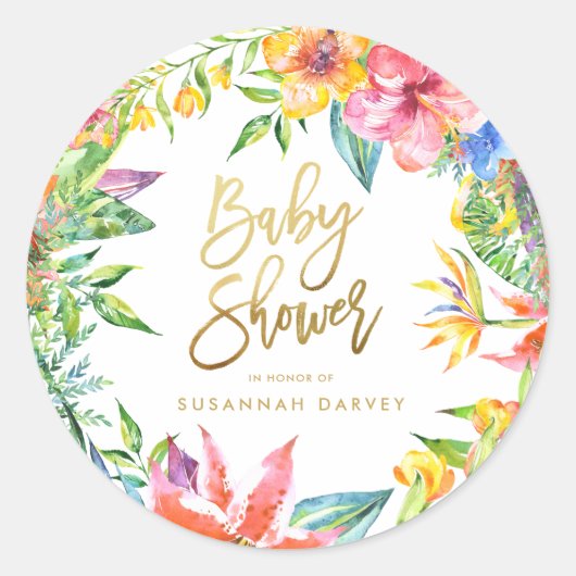 Sticker Rond Baby shower | Aquarelle tropicale Or (Devant)