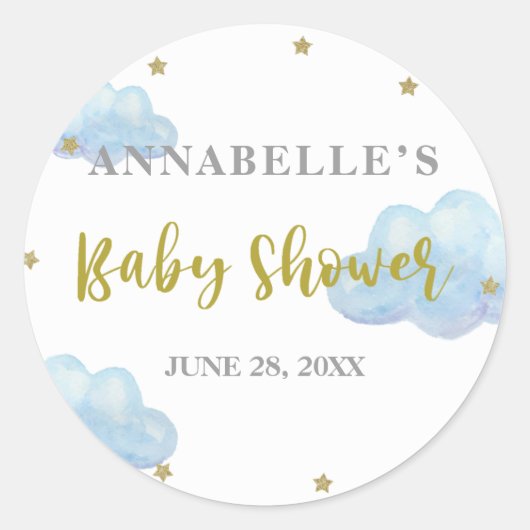 Sticker Rond Baby shower Aquarelle Twinkle Star Blue Clouds (Devant)