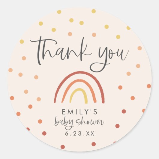 Sticker Rond Baby shower arc-en-ciel rose en terre cuite Merci (Devant)