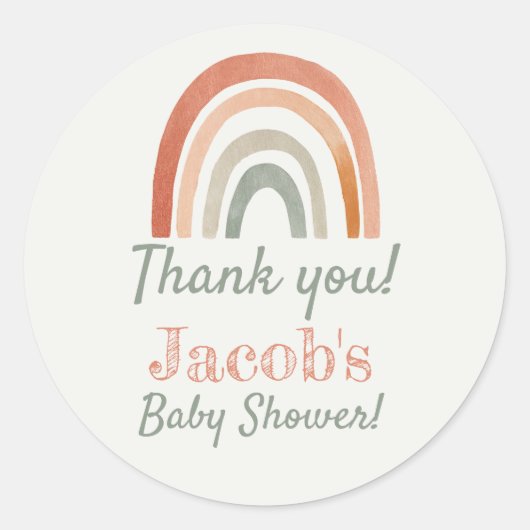 Sticker Rond Baby shower arc-en-ciel rustique merci (Devant)