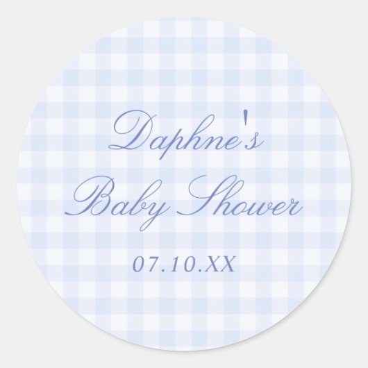 Sticker Rond Baby Shower au Gingham Bleu (Devant)