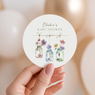 Sticker Rond Baby-Shower au Jardin Vintage Fleur Sauvage Pot en