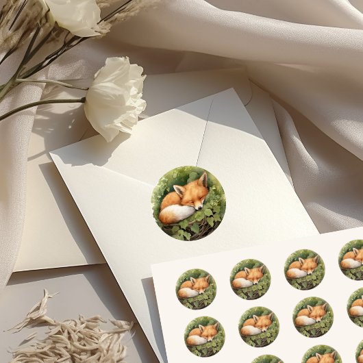 Sticker Rond Baby Shower au Renard Endormi Aquarelle et Feuilla