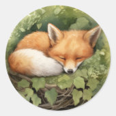 Sticker Rond Baby Shower au Renard Endormi Aquarelle et Feuilla (Devant)