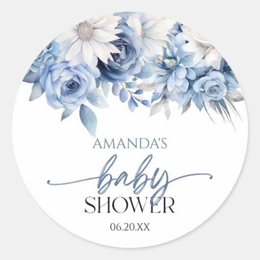 Sticker Rond Baby shower aux fleurs bleues poussiéreuses (Devant)