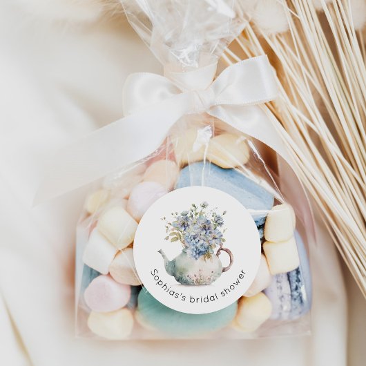 Sticker Rond Baby shower avec des hortensias bleus pour un thé